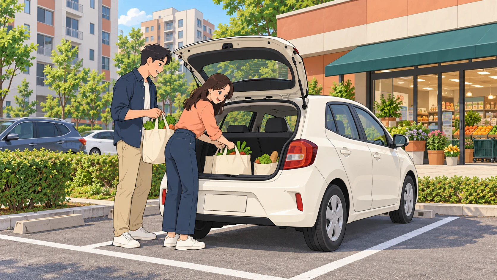장을 본 뒤 짐을 싣고 안전하게 출차를 준비하는 만화풍 장면